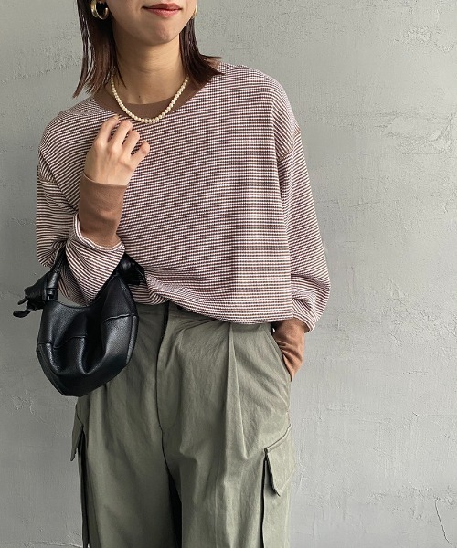 Healthknit（ヘルスニット）の「[HEALTHKNIT/ヘルスニット] 別注 ワッフルボーダー クルーネックTシャツ（Tシャツ/カットソー・レディース・ブルー/ブラウン/レッド系/ブラック/ネイビー/ライトブラウン/グリーン/レッド・F）」の3枚目の写真