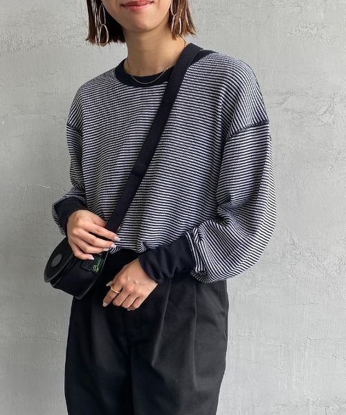 Healthknit（ヘルスニット）の「[HEALTHKNIT/ヘルスニット] 別注 ワッフルボーダー クルーネックTシャツ（Tシャツ/カットソー・レディース・ブルー/ブラウン/レッド系/ブラック/ネイビー/ライトブラウン/グリーン/レッド・F）」の2枚目の写真