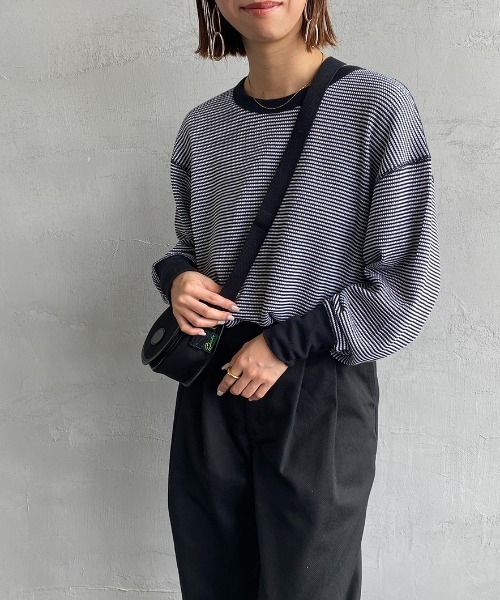 Healthknit（ヘルスニット）の「[HEALTHKNIT/ヘルスニット] 別注 ワッフルボーダー クルーネックTシャツ（Tシャツ/カットソー・レディース・ブルー/ブラウン/レッド系/ブラック/ネイビー/ライトブラウン/グリーン/レッド・F）」の9枚目の写真
