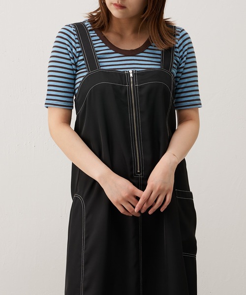 Lui's（ルイス）の「配色ステッチワークジャンスカ（ワンピース・レディース・ブラック/グリーン・FREE）」の6枚目の写真