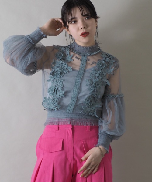 Bloom Closet（ブルームクローゼット）の「ヴィンテージレースチュールハイネックプルオーバー（シャツ/ブラウス・レディース・ブラック/パープル/グレー/ブルー/アイボリー・FREE）」の4枚目の写真