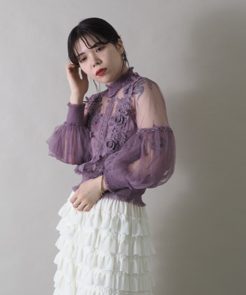 Bloom Closet（ブルームクローゼット）の「ヴィンテージレースチュールハイネックプルオーバー（シャツ/ブラウス・レディース・ブラック/パープル/グレー/ブルー/アイボリー・FREE）」の16枚目の写真