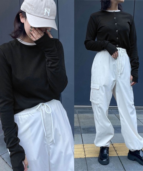 179/WG（イチナナキュウダブルジー）の「リングドットバイカラーカーディガン（カーディガン/ボレロ・レディース・ブラック/ベージュ/オフホワイト/ブルー/ボルドー・FREE）」の2枚目の写真
