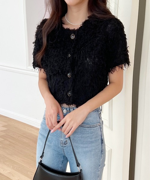 by muni:r（バイ ムニール）の「シャギー半袖クロップドガーディガン（シャツ/ブラウス・レディース・ピンク/アイボリー/ブラック・FREE）」の11枚目の写真