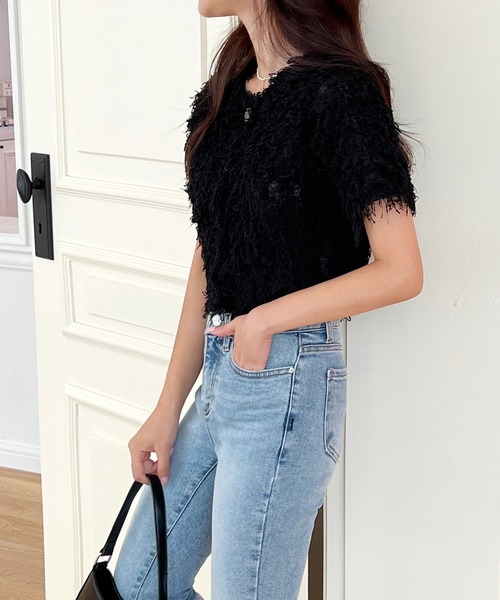 by muni:r（バイ ムニール）の「シャギー半袖クロップドガーディガン（シャツ/ブラウス・レディース・ピンク/アイボリー/ブラック・FREE）」の19枚目の写真