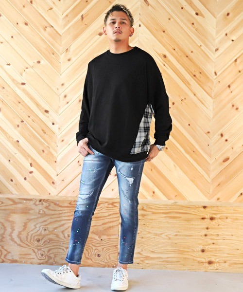 LUXSTYLE（ラグスタイル）の「T/C裏毛チェック柄切替トレーナー（スウェット・メンズ・ブラック/ホワイト・M/L）」の6枚目の写真
