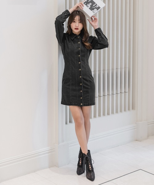 Julia Boutique（ジュリアブティック）の「デニムミニ丈タイトワンピース/23009（ワンピース・レディース・ブラック/ネイビー・ONE）」の4枚目の写真