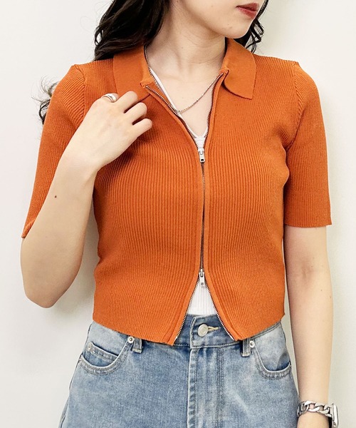 INGNI（イング）の「襟付フロントジップ半袖ニットカーディガン（カーディガン/ボレロ・レディース・オフホワイト/ブラック/グリーン/ブルー/オレンジ・M）」の5枚目の写真