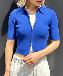 襟付フロントジップ半袖ニットカーディガン