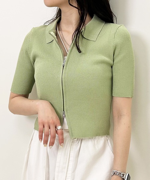 INGNI（イング）の「襟付フロントジップ半袖ニットカーディガン（カーディガン/ボレロ・レディース・オフホワイト/ブラック/グリーン/ブルー/オレンジ・M）」の20枚目の写真