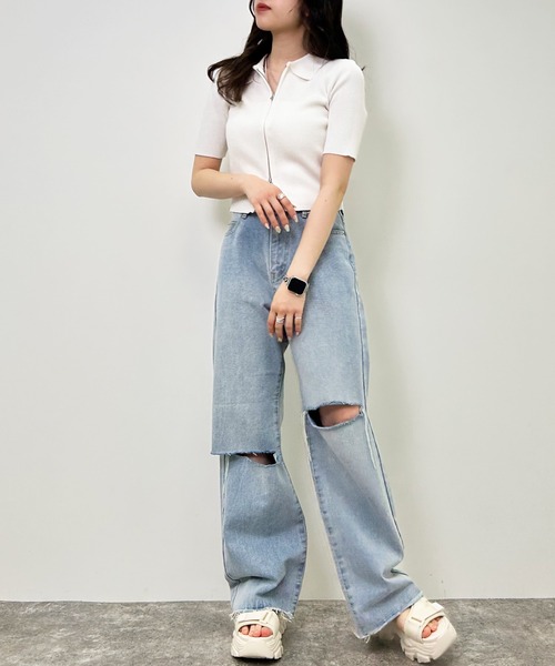 INGNI（イング）の「襟付フロントジップ半袖ニットカーディガン（カーディガン/ボレロ・レディース・オフホワイト/ブラック/グリーン/ブルー/オレンジ・M）」の8枚目の写真