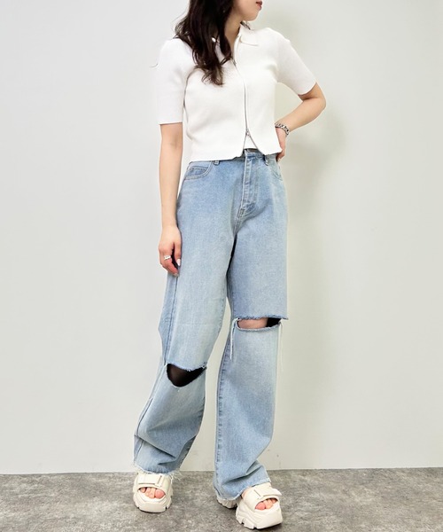 INGNI（イング）の「襟付フロントジップ半袖ニットカーディガン（カーディガン/ボレロ・レディース・オフホワイト/ブラック/グリーン/ブルー/オレンジ・M）」の9枚目の写真