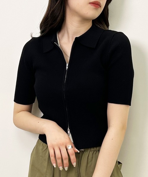 INGNI（イング）の「襟付フロントジップ半袖ニットカーディガン（カーディガン/ボレロ・レディース・オフホワイト/ブラック/グリーン/ブルー/オレンジ・M）」の12枚目の写真