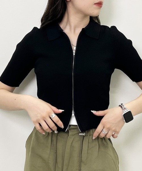 INGNI（イング）の「襟付フロントジップ半袖ニットカーディガン（カーディガン/ボレロ・レディース・オフホワイト/ブラック/グリーン/ブルー/オレンジ・M）」の13枚目の写真