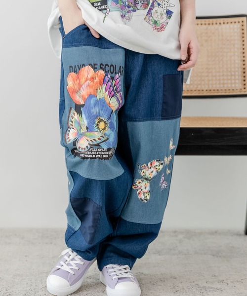 ねこ娘様 まとめ スカラー scolar 花蝶柄 デニムリメイク風 ねこ娘様まとめスカラー scolar 花蝶柄デニムリメイク風