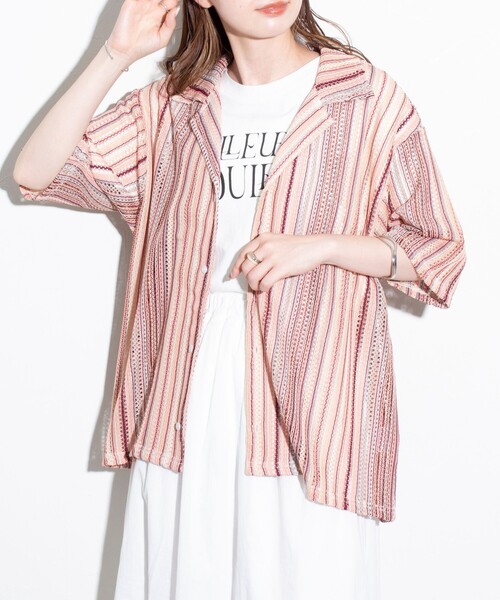 GLOSTER(グロスター)の「【GLOSTER/グロスター】バルファレース オープンカラーシャツ メッシュシャツ 透かし編み(シャツ/ブラウス・メンズ・ブルー系その他2/ピンク系その他/オレンジ系その他/ブルー系その他・S/M/L)」の4枚目の写真