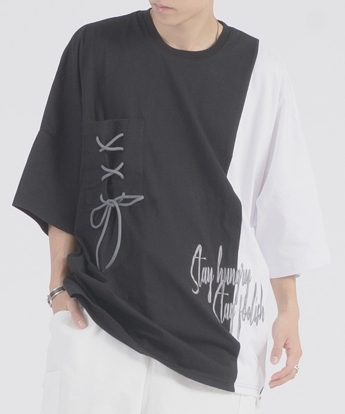 RE730 配色ドルマン半袖Tシャツ レースアップ使い（Tシャツ/カットソー）｜RE730（アールイーセブンサーティー） 5,929円