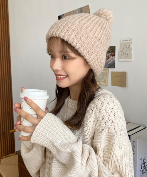 moment+（モーメントプラス）の「ウール混モヘアタッチニット帽（ニットキャップ/ビーニー・レディース・ベージュ/ブラウン/ブラック/オフホワイト/グレー・FREE）」の9枚目の写真