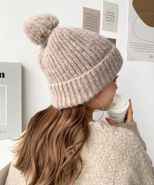 moment+（モーメントプラス）の「ウール混モヘアタッチニット帽（ニットキャップ/ビーニー・レディース・ベージュ/ブラウン/ブラック/オフホワイト/グレー・FREE）」の12枚目の写真