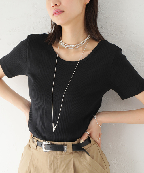 journal standard L'essage（ジャーナルスタンダードレサージュ）の「《追加2》ランダムリブ半袖Tシャツ（Tシャツ/カットソー・レディース・ホワイト/ブラック/ダークブルー/ブラック系その他・FREE）」の2枚目の写真