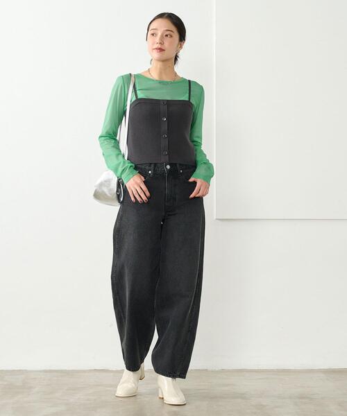 green label relaxing（グリーンレーベルリラクシング）の「［size SHORTあり］シアー クルーネック シャーリング ロンT カットソー（Tシャツ/カットソー・レディース・ケリー/ブラック/オフホワイト・FREE/SHORT）」の5枚目の写真