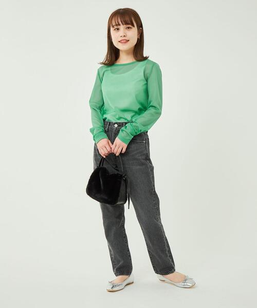 green label relaxing（グリーンレーベルリラクシング）の「［size SHORTあり］シアー クルーネック シャーリング ロンT カットソー（Tシャツ/カットソー・レディース・ケリー/ブラック/オフホワイト・FREE/SHORT）」の19枚目の写真