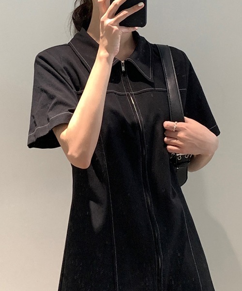 gossip!ロサンゼルス(ゴシップロサンゼルス)の「YUGA ポロカラー ジッパー ワンピース(ワンピース・レディース・ブラック/オフホワイト・FREE)」の3枚目の写真