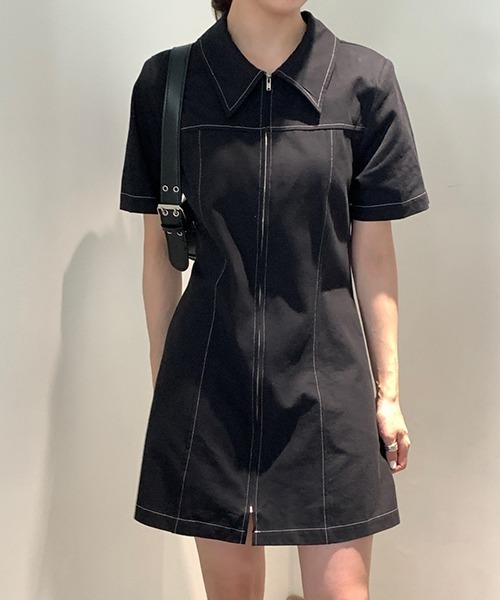 gossip!ロサンゼルス(ゴシップロサンゼルス)の「YUGA ポロカラー ジッパー ワンピース(ワンピース・レディース・ブラック/オフホワイト・FREE)」の9枚目の写真