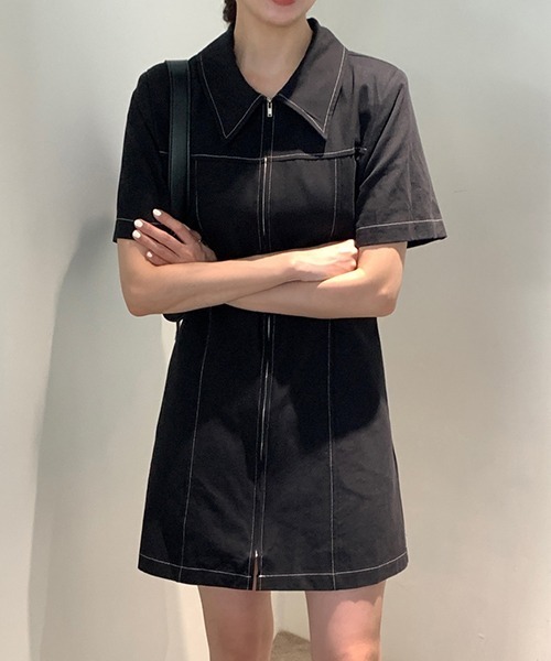 gossip!ロサンゼルス(ゴシップロサンゼルス)の「YUGA ポロカラー ジッパー ワンピース(ワンピース・レディース・ブラック/オフホワイト・FREE)」の10枚目の写真