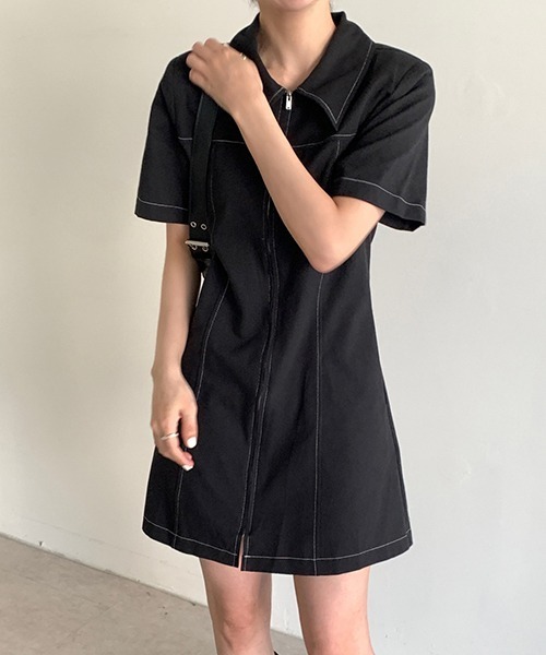 gossip!ロサンゼルス(ゴシップロサンゼルス)の「YUGA ポロカラー ジッパー ワンピース(ワンピース・レディース・ブラック/オフホワイト・FREE)」の11枚目の写真