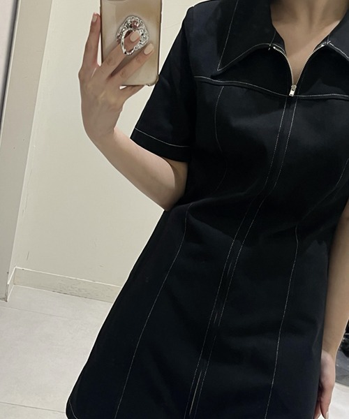 gossip!ロサンゼルス(ゴシップロサンゼルス)の「YUGA ポロカラー ジッパー ワンピース(ワンピース・レディース・ブラック/オフホワイト・FREE)」の5枚目の写真