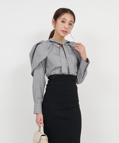 ROYAL PARTY（ロイヤルパーティー）の「リボンタイケープシャツブラウス（シャツ/ブラウス・レディース・オフホワイト/ブラック/チェック・FREE）」の18枚目の写真