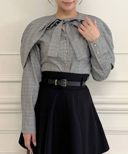 ROYAL PARTY（ロイヤルパーティー）の「リボンタイケープシャツブラウス（シャツ/ブラウス・レディース・オフホワイト/ブラック/チェック・FREE）」の6枚目の写真