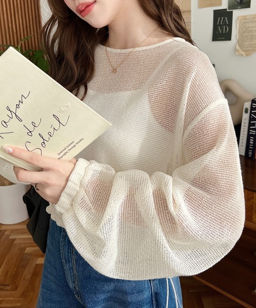 moment+（モーメントプラス）の「スモールメッシュ長袖すそドロストショートプルオーバー（Tシャツ/カットソー・レディース・ブラック/チャコールグレー/ナチュラル/オフホワイト・M）」の9枚目の写真