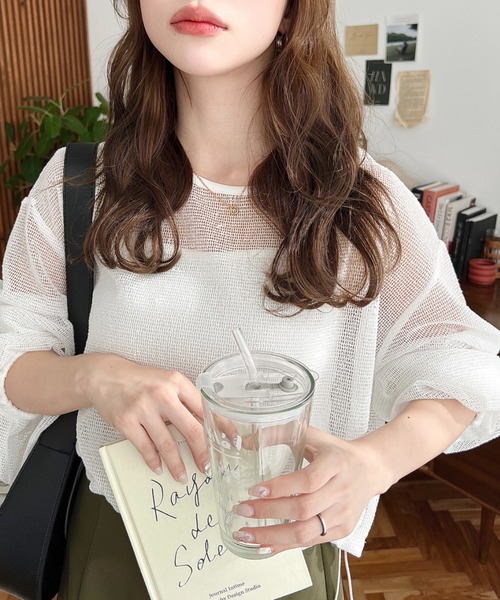 moment+（モーメントプラス）の「スモールメッシュ長袖すそドロストショートプルオーバー（Tシャツ/カットソー・レディース・ブラック/チャコールグレー/ナチュラル/オフホワイト・M）」の18枚目の写真