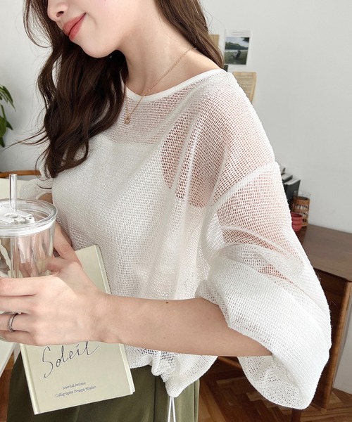 moment+（モーメントプラス）の「スモールメッシュ長袖すそドロストショートプルオーバー（Tシャツ/カットソー・レディース・ブラック/チャコールグレー/ナチュラル/オフホワイト・M）」の19枚目の写真