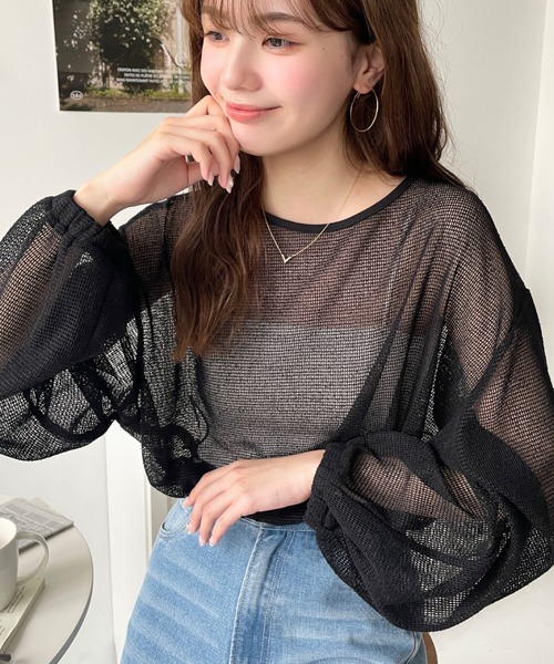 moment+（モーメントプラス）の「スモールメッシュ長袖すそドロストショートプルオーバー（Tシャツ/カットソー・レディース・ブラック/チャコールグレー/ナチュラル/オフホワイト・M）」の20枚目の写真