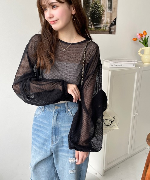 moment+（モーメントプラス）の「スモールメッシュ長袖すそドロストショートプルオーバー（Tシャツ/カットソー・レディース・ブラック/チャコールグレー/ナチュラル/オフホワイト・M）」の22枚目の写真