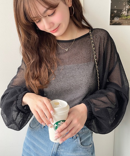 moment+（モーメントプラス）の「スモールメッシュ長袖すそドロストショートプルオーバー（Tシャツ/カットソー・レディース・ブラック/チャコールグレー/ナチュラル/オフホワイト・M）」の21枚目の写真