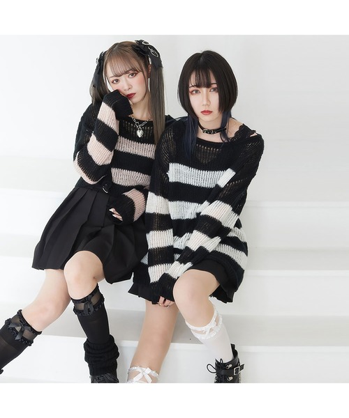 DearMyLove(ディアマイラブ)の「選べる丈ゆる編みルーズニット(ニット/セーター・レディース・ホワイト×ブラック/ブラック系その他/ブラック×ピンク/ブラック/ホワイト系その他/ホワイト/ブラック×ホワイト/ピンク系その他・M-L/LL~3L)」の20枚目の写真