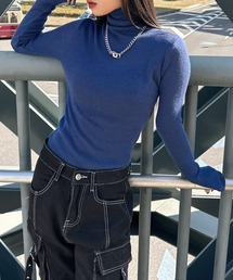 【LVEU.】タートルネックリブニット / トップス ニット ハイネック タートルネック リブ カットソー シンプル モノトーン カラー ブラック ネイビー ブルー パープル チャコール グレー