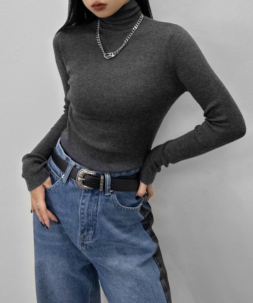 LVEU.(ラブユ.)の「【LVEU.】タートルネックリブニット / トップス ニット ハイネック タートルネック リブ カットソー シンプル モノトーン カラー ブラック ネイビー ブルー パープル チャコール グレー(ニット/セーター・レディース・ネイビー/パープル/ブラック/ブルー/チャコールグレー・FREE)」の3枚目の写真