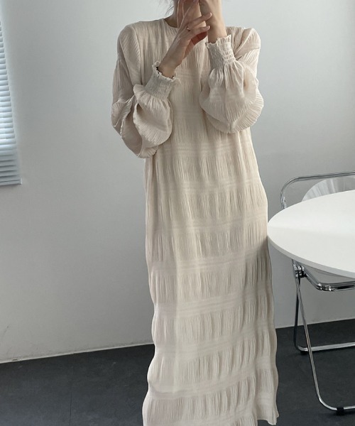 【セール】袖ギャザー楊柳ロングワンピース（ワンピース）｜deux amour（ドゥーザムール）