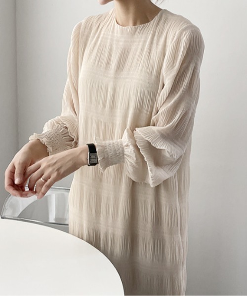 【セール】袖ギャザー楊柳ロングワンピース（ワンピース）｜deux amour（ドゥーザムール）