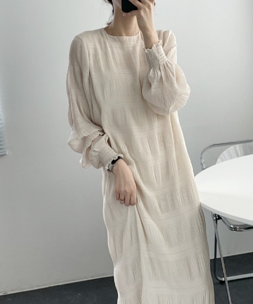 【セール】袖ギャザー楊柳ロングワンピース（ワンピース）｜deux amour（ドゥーザムール）