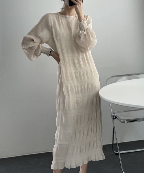 【セール】袖ギャザー楊柳ロングワンピース（ワンピース）｜deux amour（ドゥーザムール）