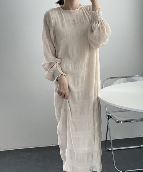 【セール】袖ギャザー楊柳ロングワンピース（ワンピース）｜deux amour（ドゥーザムール）