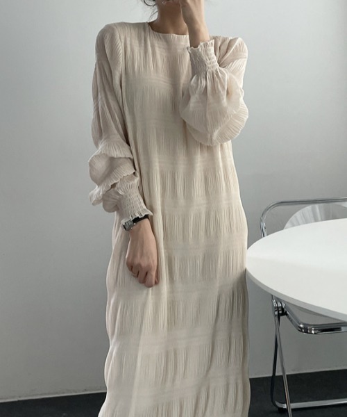 【セール】袖ギャザー楊柳ロングワンピース（ワンピース）｜deux amour（ドゥーザムール）