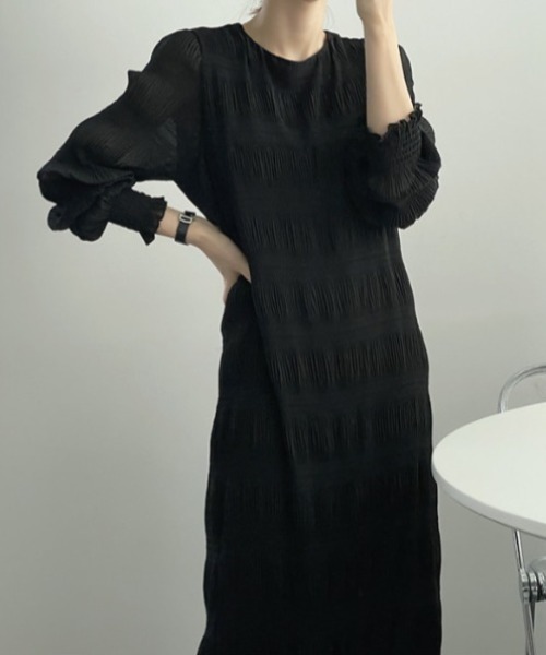 【セール】袖ギャザー楊柳ロングワンピース（ワンピース）｜deux amour（ドゥーザムール）