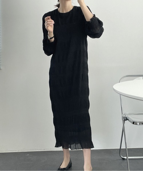 【セール】袖ギャザー楊柳ロングワンピース（ワンピース）｜deux amour（ドゥーザムール）